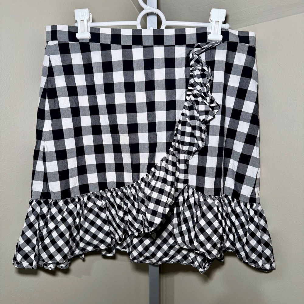 J. Crew Black White Gingham Ruffle Wrap Mini Skirt Size 12 - Picture 5 of 5